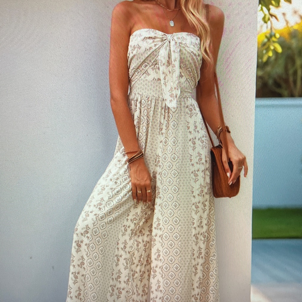 Strapless Boho Print Wide-Leg Jumpsuit in Cream - Picture 4 of 5
